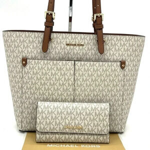 Michael Kors Medium Double Packet Tote Bag & Trifold Wallet Vanilla/Brown